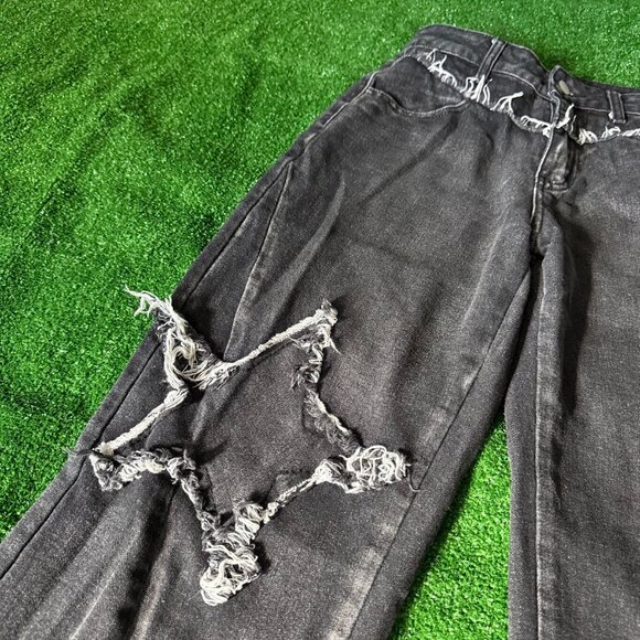 SHEIN Star Pattern Raw Trim Straight Leg Black Jeans Denim Pants Petite Size S - Picture 7 of 14